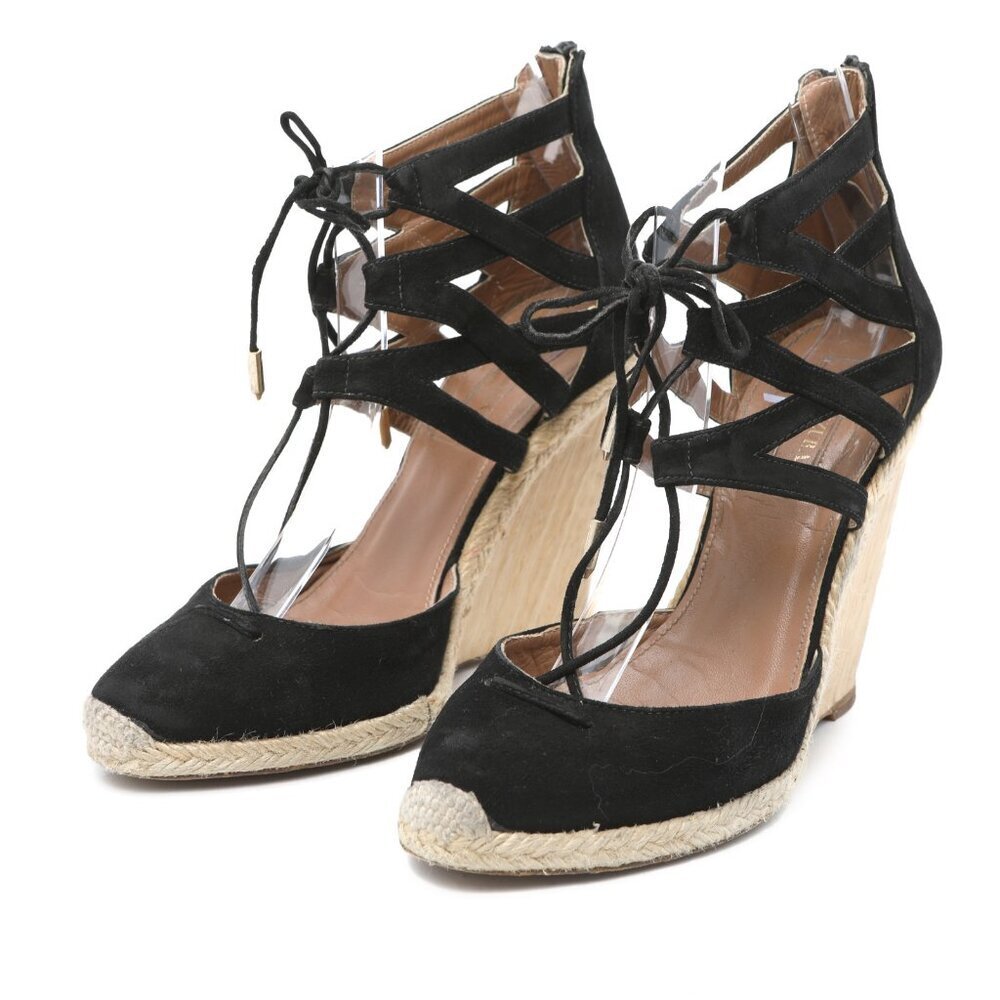 Aquazzura Firenze Belgravia Suede Espadrilles Wedge Pumps Lace Up Black - Picture 15 of 15
